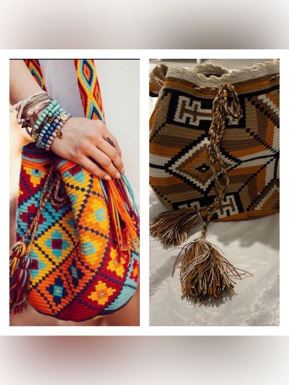 Handwoven Boho Bucket Bag in Brown, Orange & Cream NWOT